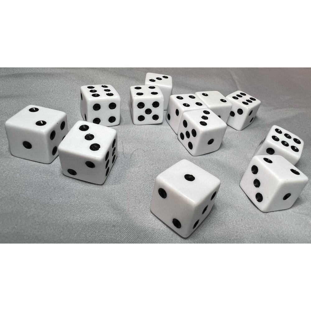 Set of 12 - Solid White Dice With Black Pips - 16mm Standard Game Dice